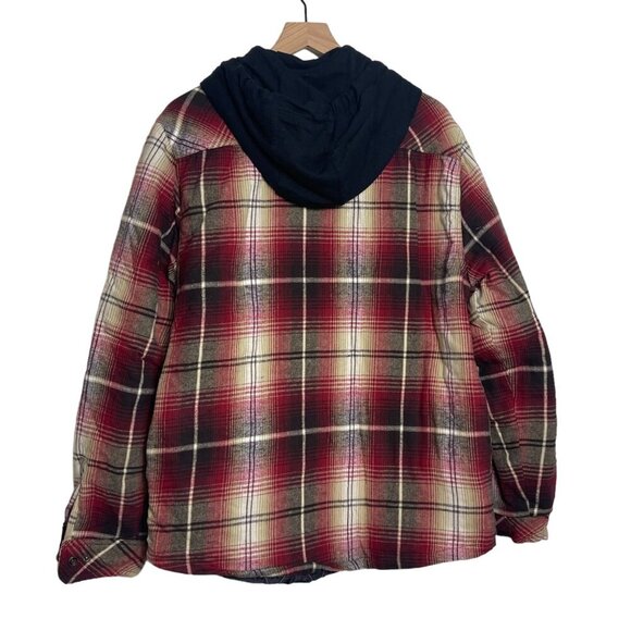 Legendary Outfitters Plaid Shacket Large Red/Brown Hooded Snap Front Drawstring - Picture 2 of 13
